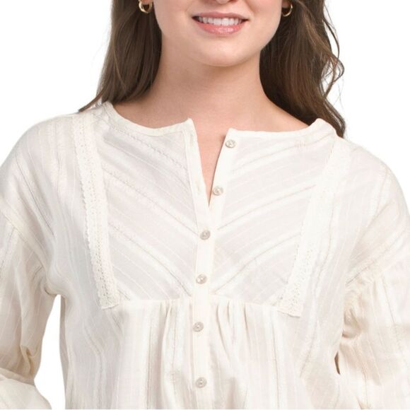 FRYE Marshmallow Ivory Cotton Crochet Lace 3/4 Sleeve Button Front Boho Blouse - Picture 3 of 14